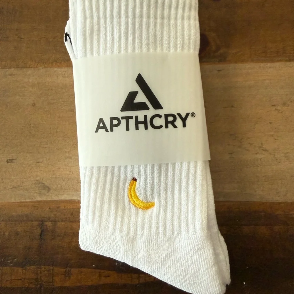 White Crew Socks with Embroidered Yellow Banana